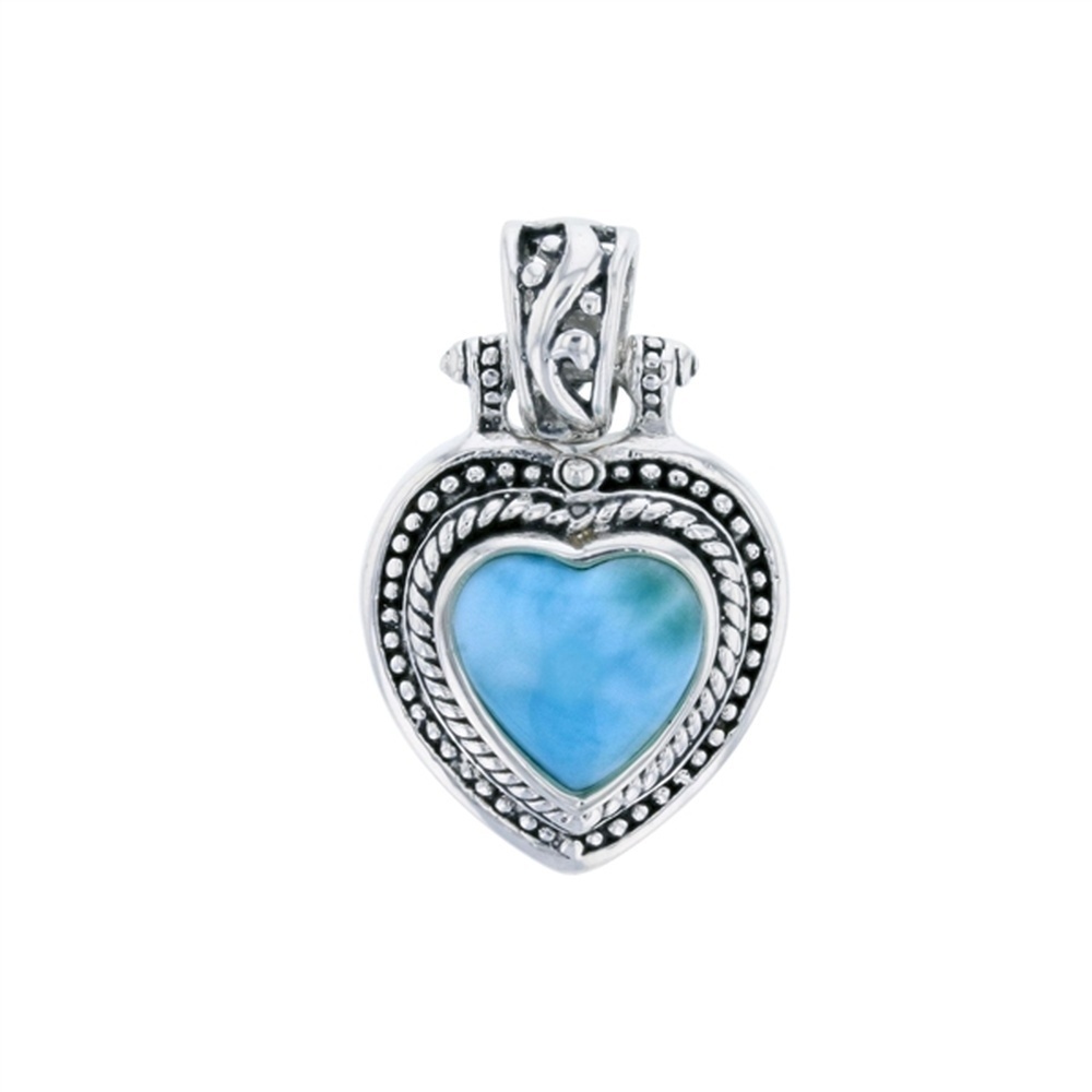 925 Sterling Silver RH Larimar Heart Shape Beaded & Ribbed Vintage Frame Pendant